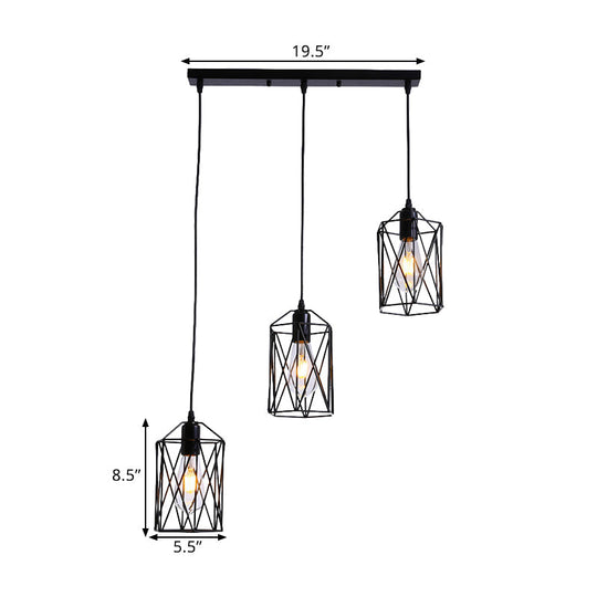 Industrial Black Metallic Pendant Lamp With 3 Heads Cylinder Cage - Ideal For Restaurants