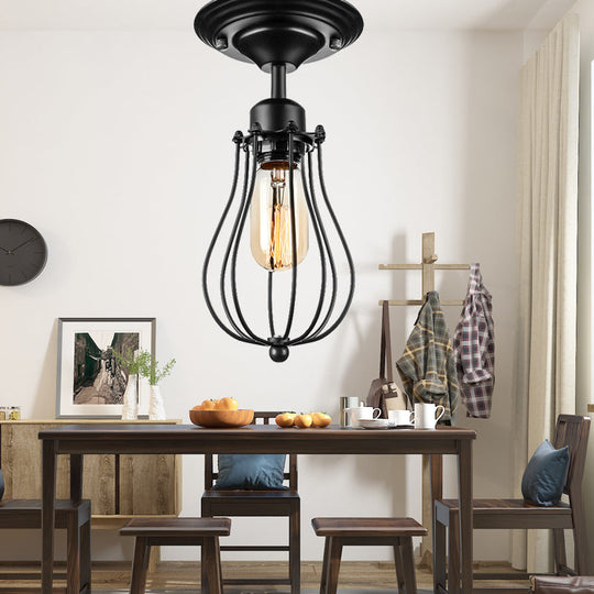 Industrial Style Black Metal Ceiling Lamp - Bulb-Shaped Semi-Flush Mount Light for Dining Room