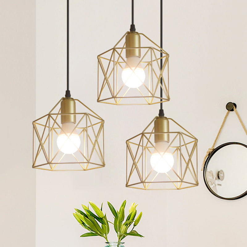 Industrial Gold Iron Hexagon Cage Ceiling Light With 3 Lights Perfect For Restaurants