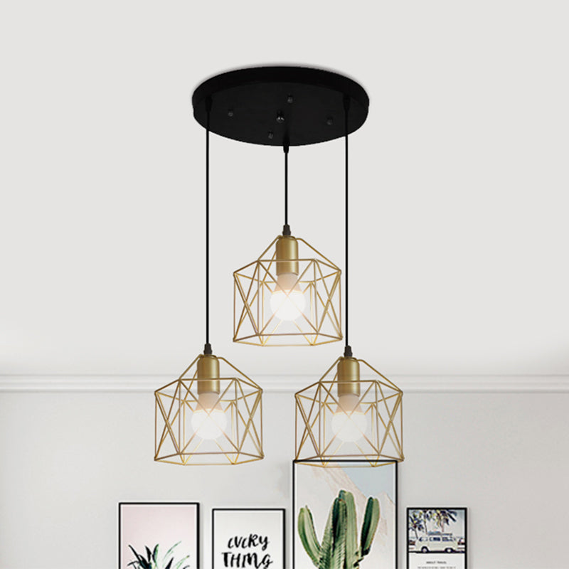 Industrial Gold Iron Hexagon Cage Ceiling Light With 3 Lights Perfect For Restaurants / Round