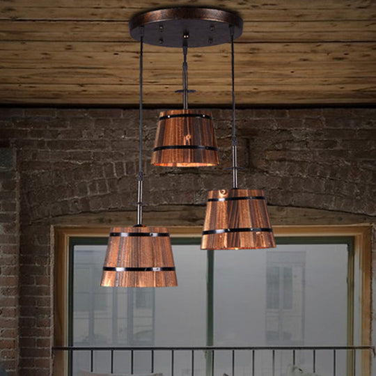 Rustic Wooden 3-Bulb Pendant Light In Brown - Villa Hanging Lamp Black / Round