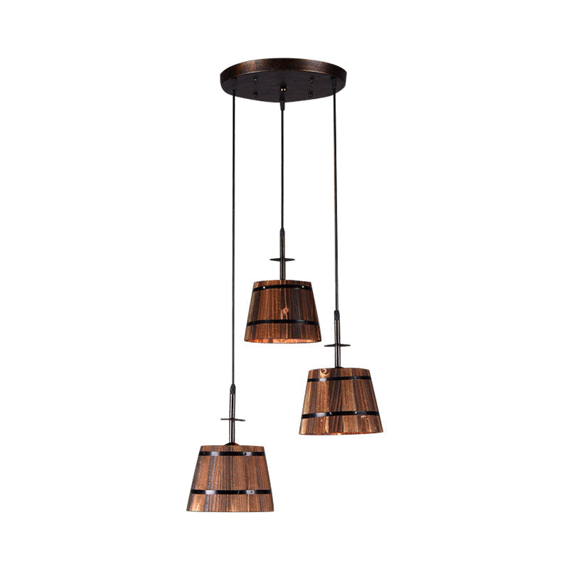 Rustic Wooden 3-Bulb Pendant Light In Brown - Villa Hanging Lamp