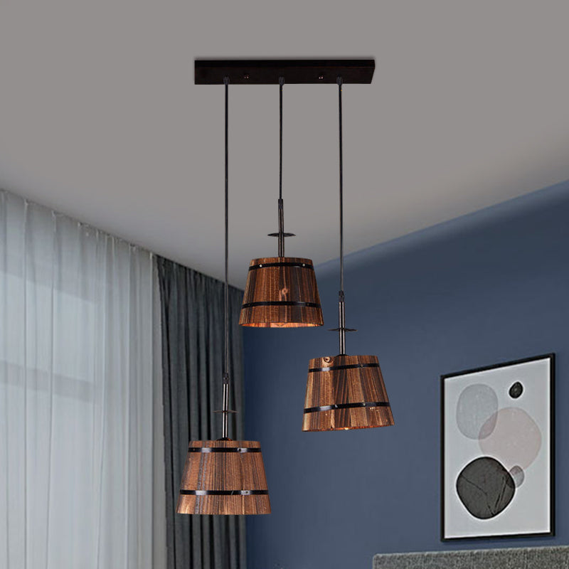 Rustic Wooden 3-Bulb Pendant Light In Brown - Villa Hanging Lamp Black / Linear