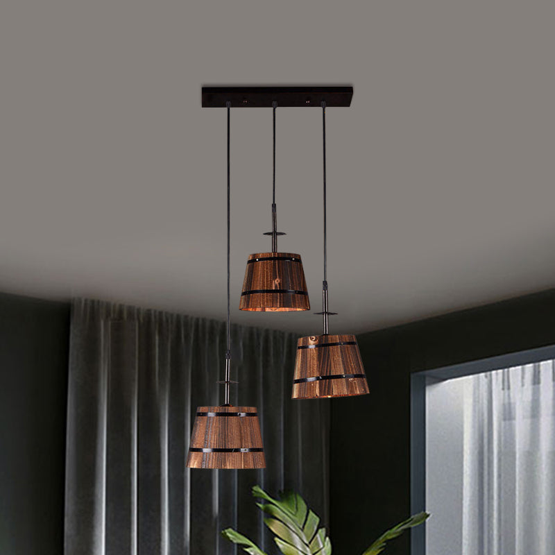 Rustic Wooden 3-Bulb Pendant Light In Brown - Villa Hanging Lamp