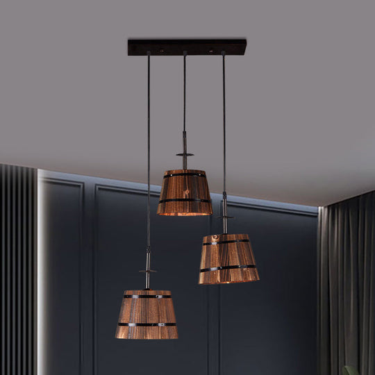 Rustic Wooden 3-Bulb Pendant Light In Brown - Villa Hanging Lamp