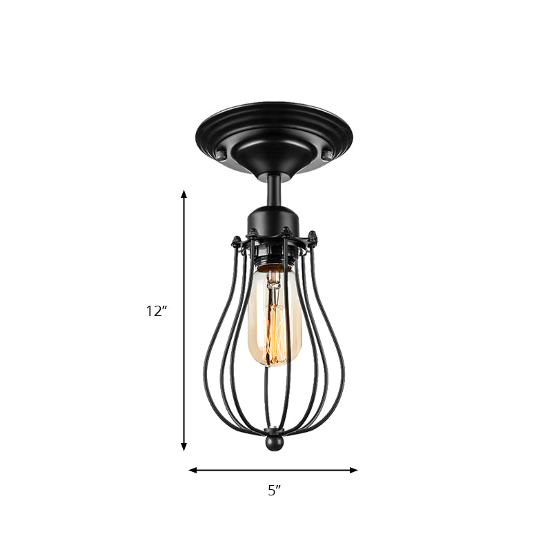 Industrial Style Black Metal Ceiling Lamp - Bulb-Shaped Semi-Flush Mount Light for Dining Room