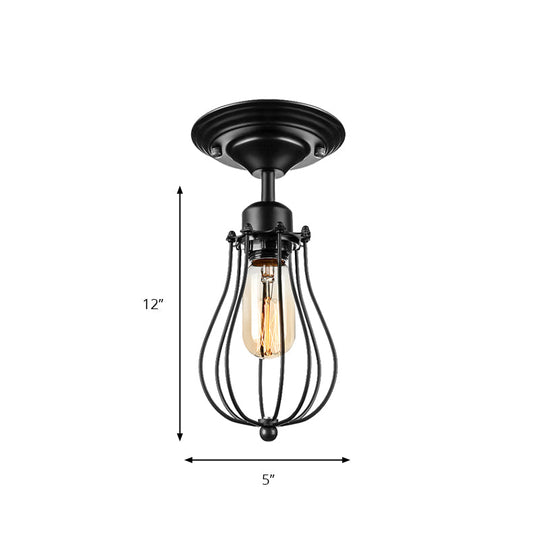 Industrial Style Black Metal Ceiling Lamp - Bulb-Shaped Semi-Flush Mount Light for Dining Room