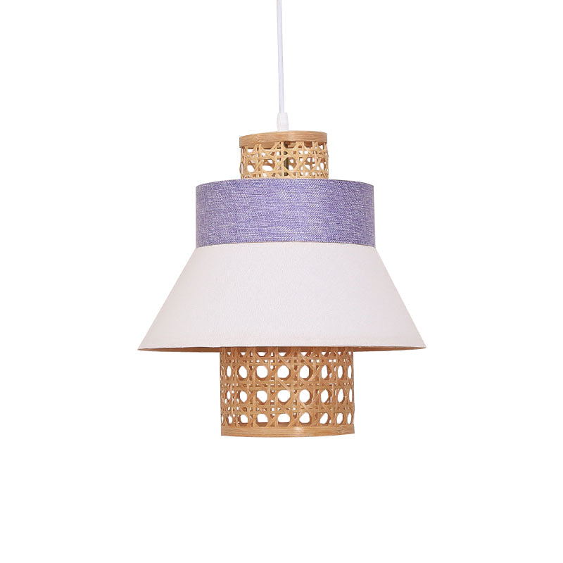 Asian-Inspired Bedroom Pendant Lamp With Handcrafted Green/Purple Fabric And Bamboo Interior Shade