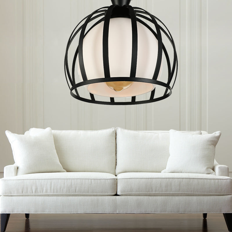 Vintage Style 1-Head Metal Ceiling Light Fixture - Domed Cage Semi Mount Black/White Black