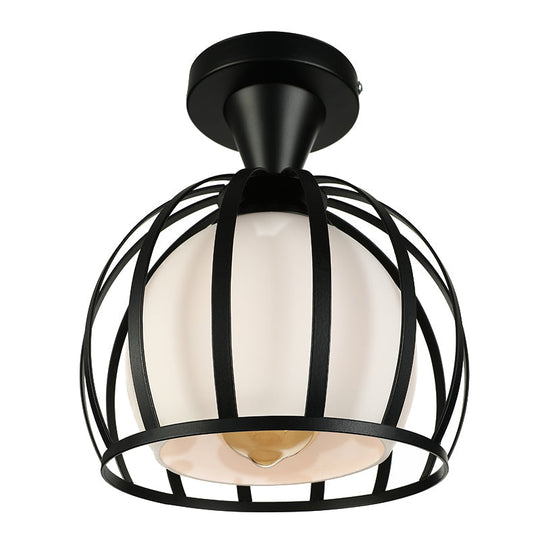 Vintage Style Domed Cage Metal Ceiling Light Fixture - 1 Head Dining Room Semi Mount Lighting in Black/White