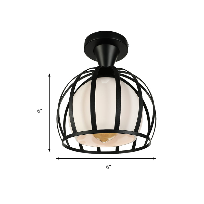 Vintage Style Domed Cage Metal Ceiling Light Fixture - 1 Head Dining Room Semi Mount Lighting in Black/White