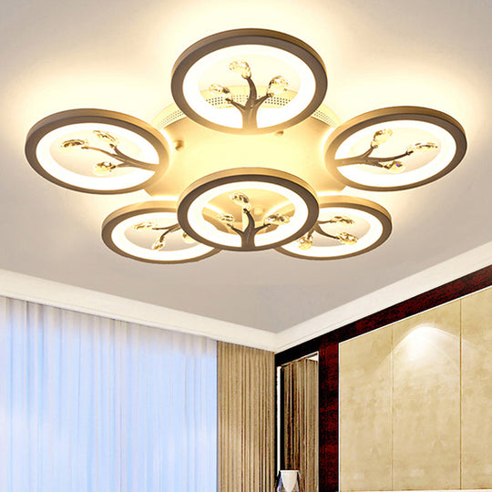 Modern Acrylic Tree Flush Mount Ceiling Light With Led And Crystal Accents - 3/6/9-Light Fixture In