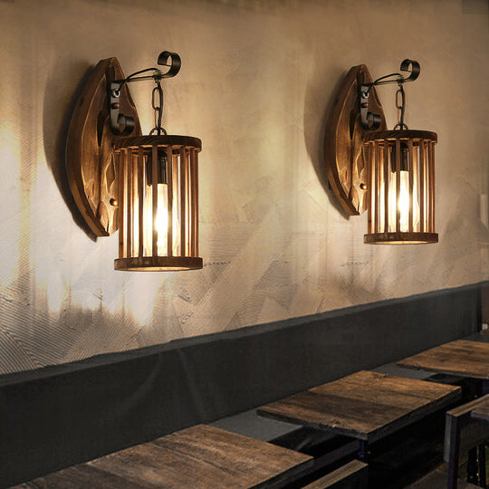 Cage Sconce Industrial 1 Light Wood Lodge Wall For Coffee Shop / Leaf