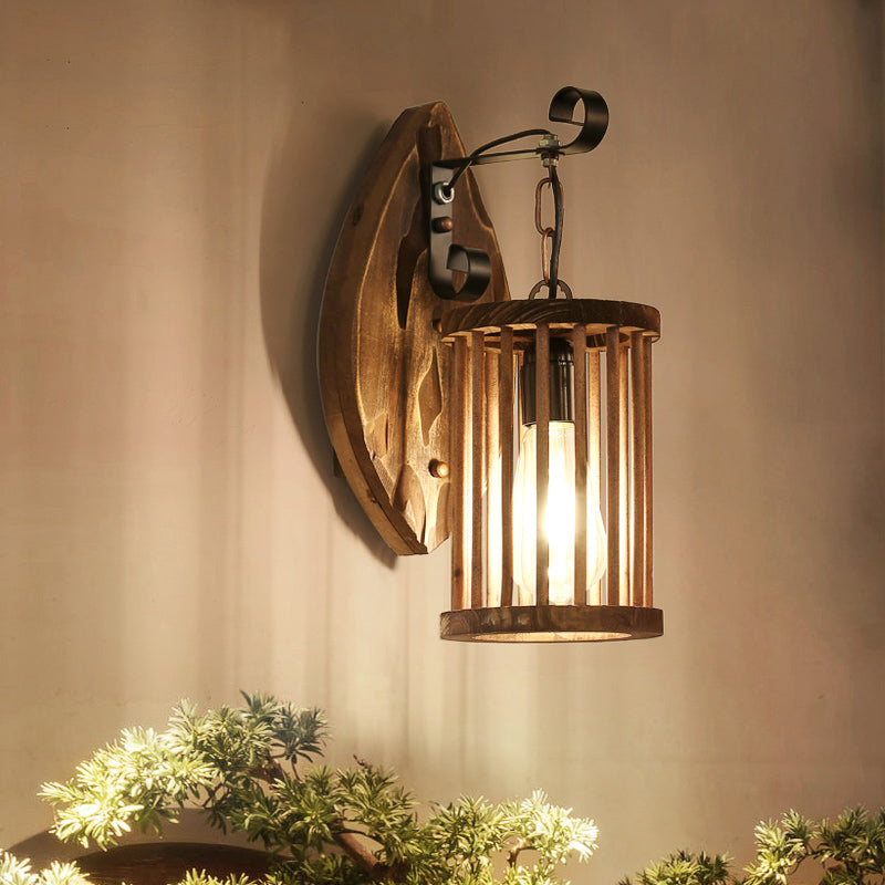 Cage Sconce Industrial 1 Light Wood Lodge Wall For Coffee Shop