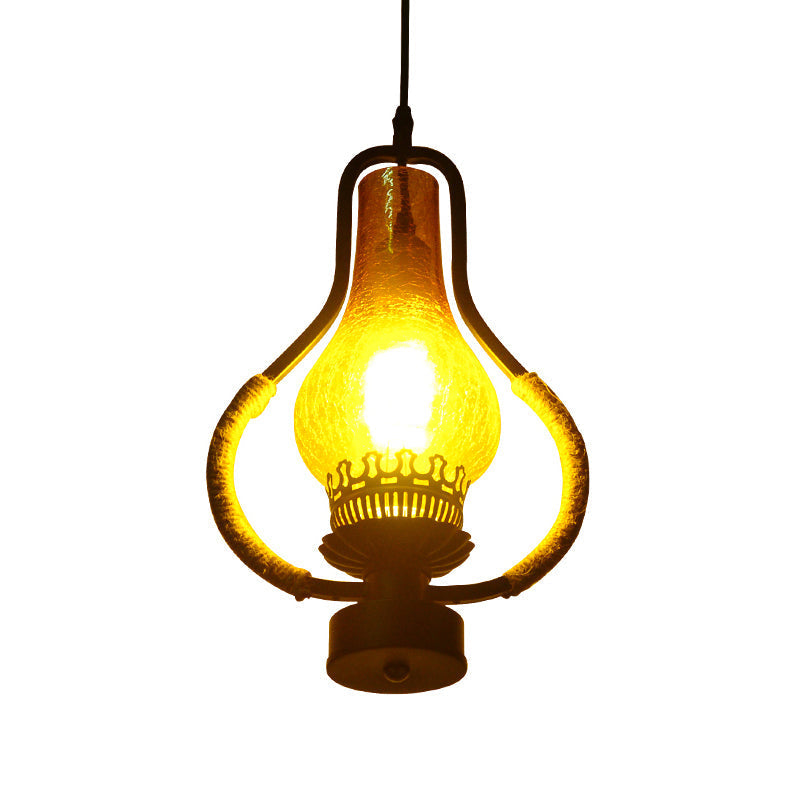 Vintage Yellow Crackle Glass Kerosene Pendant Light for Living Room - Black 1-Light Hanging Ceiling Lighting