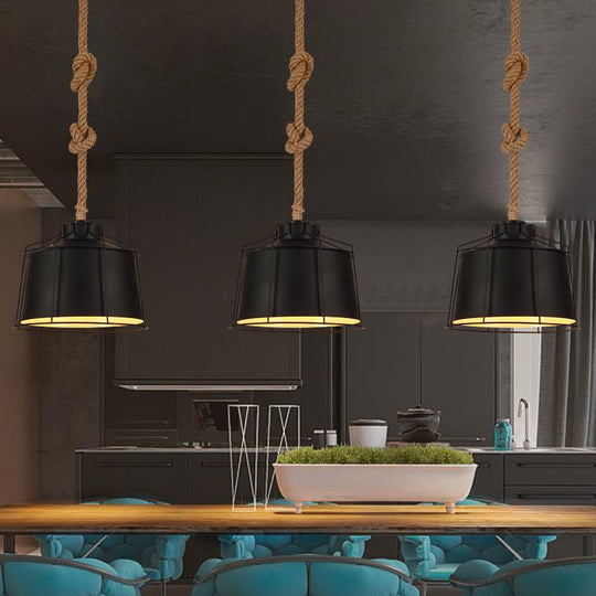 Metallic Tapered Pendant Light - Loft Style - 1 Light - Restaurant Ceiling Fixture - Black, with Wire Frame & Rope Cord