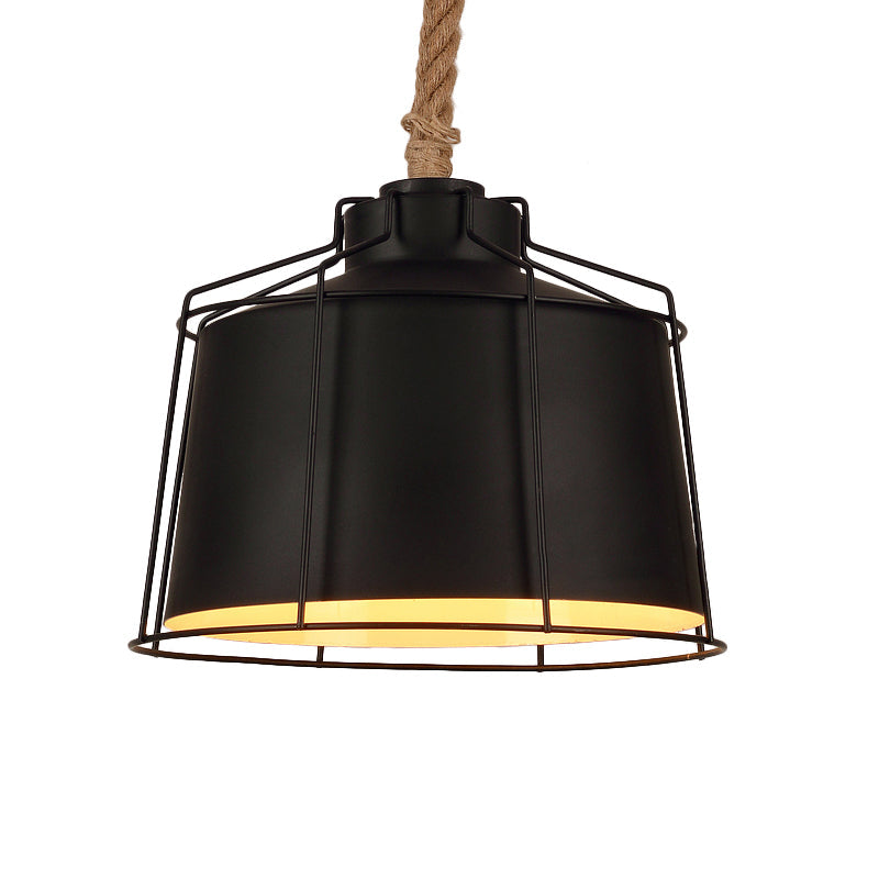 Metallic Tapered Pendant Light - Loft Style - 1 Light - Restaurant Ceiling Fixture - Black, with Wire Frame & Rope Cord