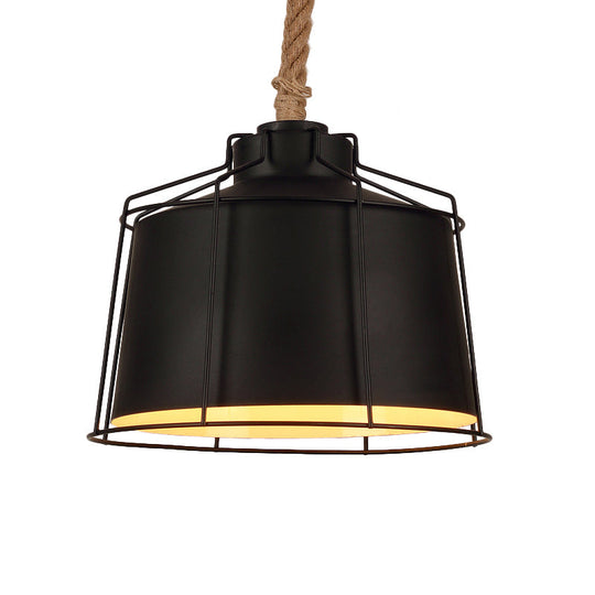 Metallic Tapered Pendant Light - Loft Style - 1 Light - Restaurant Ceiling Fixture - Black, with Wire Frame & Rope Cord