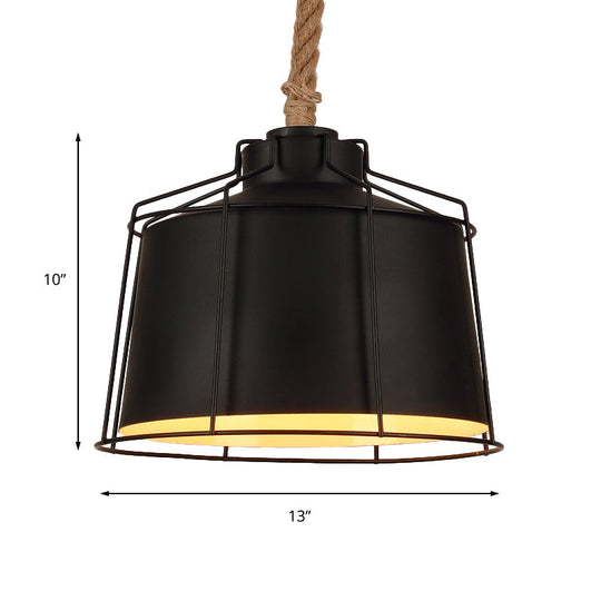 Metallic Tapered Pendant Light - Loft Style - 1 Light - Restaurant Ceiling Fixture - Black, with Wire Frame & Rope Cord