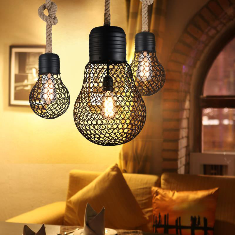 Industrial Metal Hanging Pendant Light With Mesh Screen - Black Bulb Shade For Restaurant Ceiling