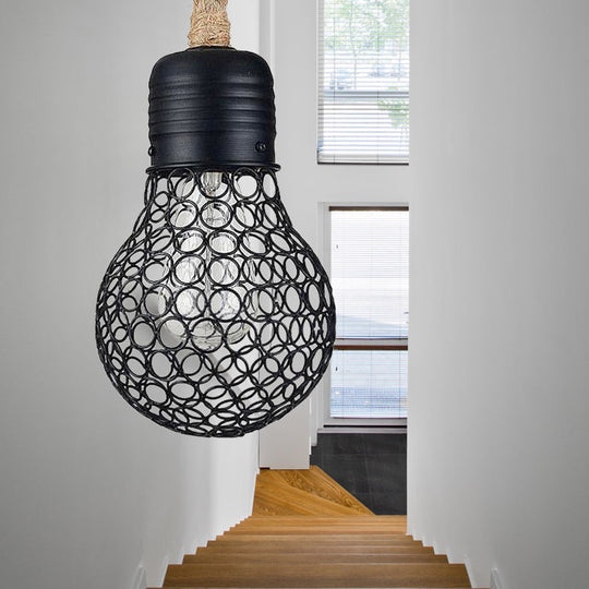 Black Metal Pendant Light with Industrial Mesh Screen - Stylish Hanging Ceiling Fixture for Restaurant with Authentic Rope and 1 Light Bulb