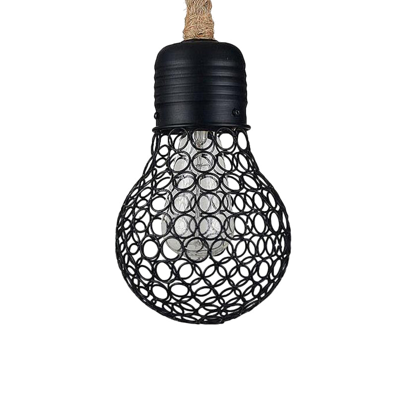 Black Metal Pendant Light with Industrial Mesh Screen - Stylish Hanging Ceiling Fixture for Restaurant with Authentic Rope and 1 Light Bulb