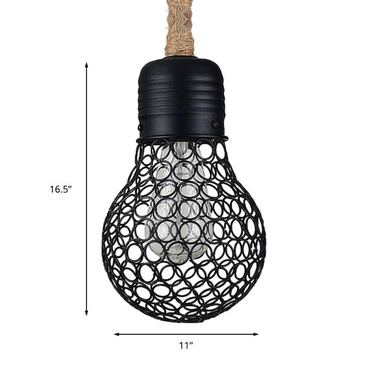 Black Metal Pendant Light with Industrial Mesh Screen - Stylish Hanging Ceiling Fixture for Restaurant with Authentic Rope and 1 Light Bulb