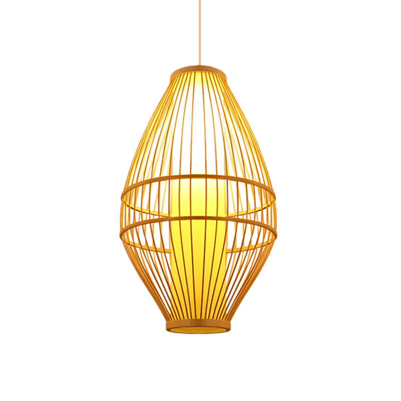 Hand-Woven Beige Hanging Light: Asian Style 1-Light Bamboo Pendant Lamp