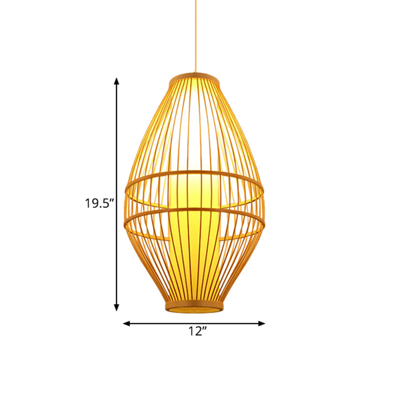 Hand-Woven Beige Hanging Light: Asian Style 1-Light Bamboo Pendant Lamp