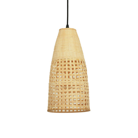 Chinese Bamboo Shade Pendant Light - Beige 1-Bulb Elongated Drop Restaurant Style