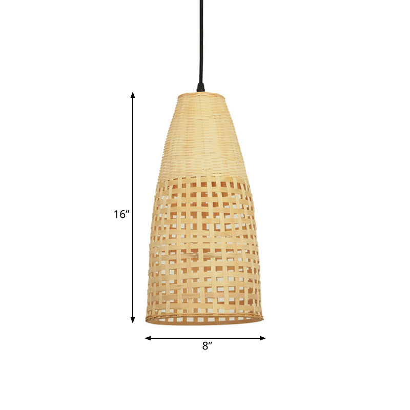 Chinese Bamboo Shade Pendant Light - Beige 1-Bulb Elongated Drop Restaurant Style