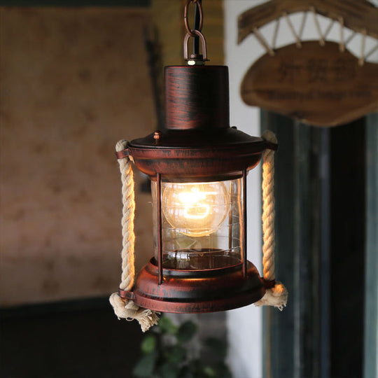 Coastal Kerosene Pendant Light: Clear Glass Hanging Ceiling Light In Antique Brass/Weathered Copper