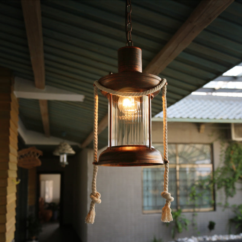 Coastal Kerosene Pendant Light: Clear Glass Hanging Ceiling Light In Antique Brass/Weathered Copper