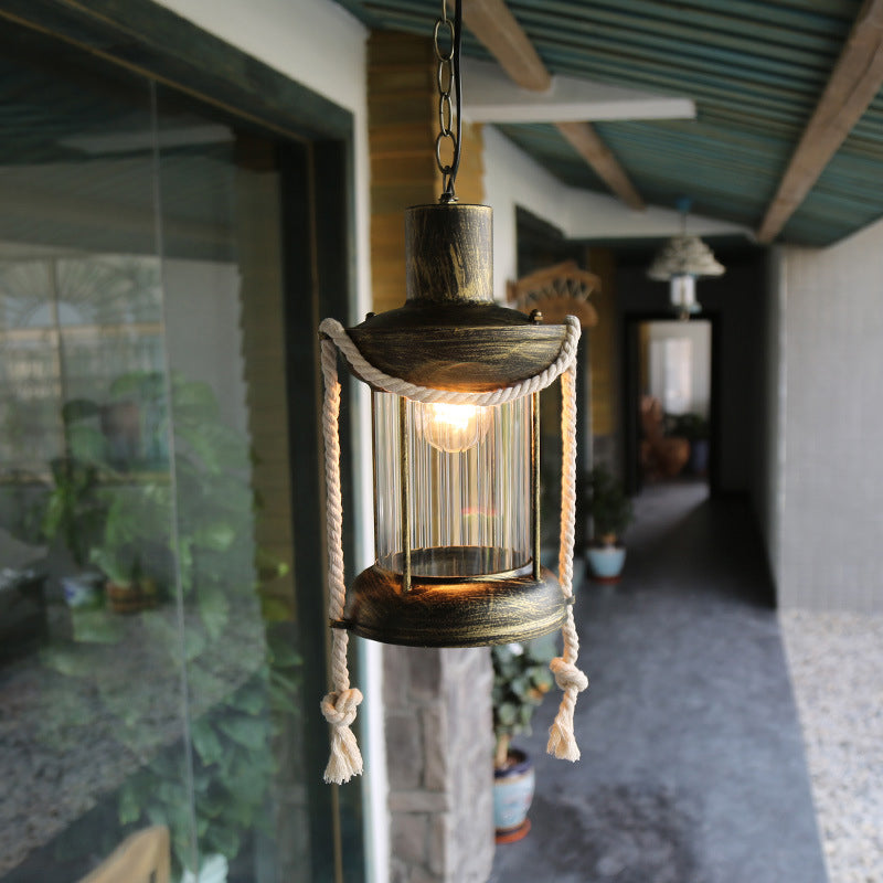 Coastal Kerosene Pendant Light: Clear Glass Hanging Ceiling Light In Antique Brass/Weathered Copper