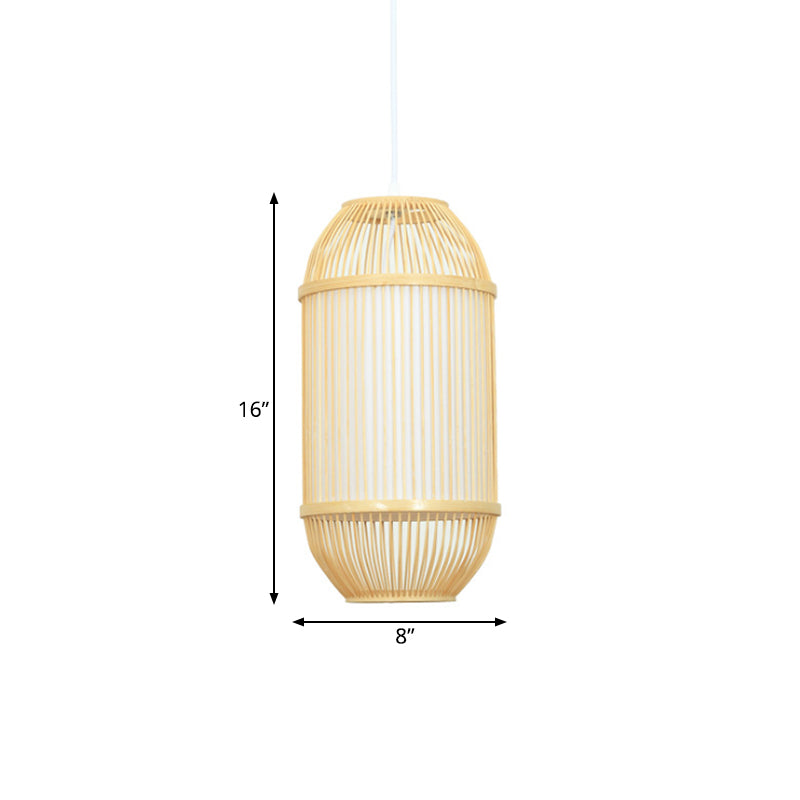 Country Style Bamboo 1-Light Oblong Shade Hanging Lamp - Ideal For Bedroom Ceiling Beige