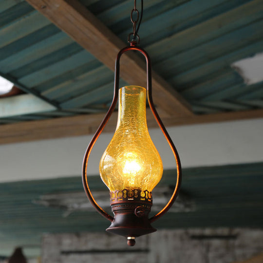 Industrial 1-Light Pendant Lamp With Crackle Glass In Antique Copper/Bronze Finish For Living Room