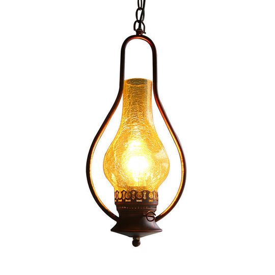 Industrial 1-Light Pendant Lamp With Crackle Glass In Antique Copper/Bronze Finish For Living Room