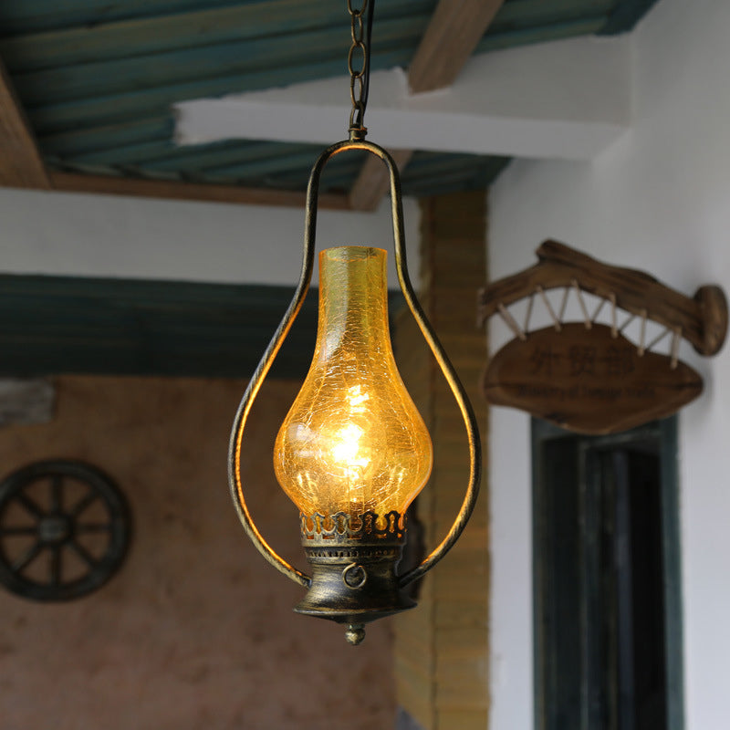 Industrial Antique Pendant Light with Crackle Glass for Living Room - Copper/Bronze Finish