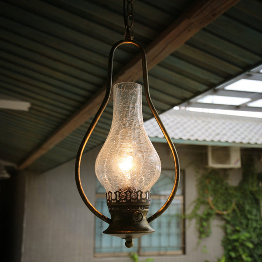 Industrial 1-Light Pendant Lamp With Crackle Glass In Antique Copper/Bronze Finish For Living Room