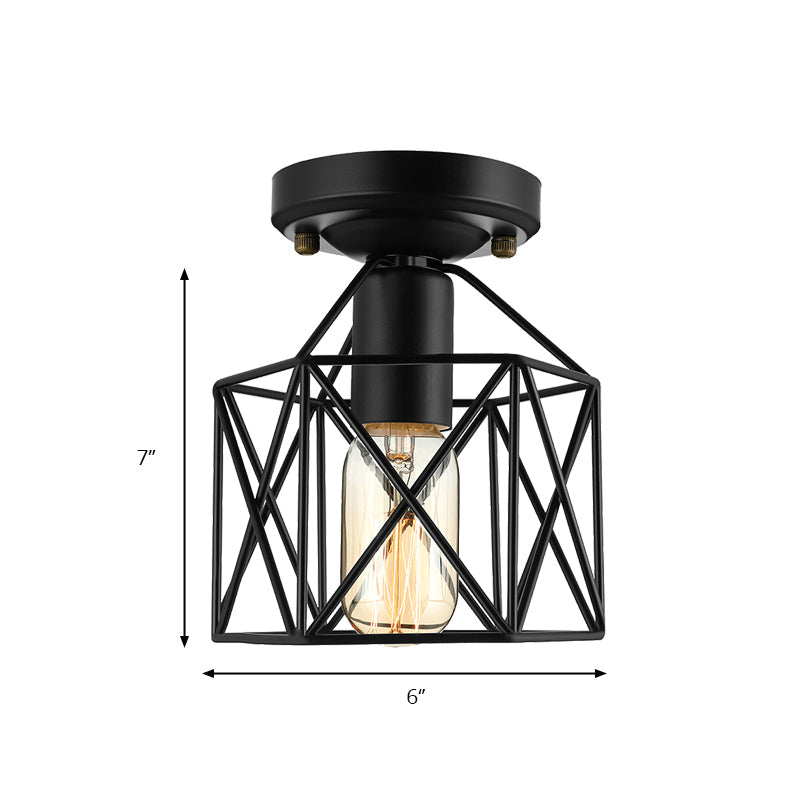 Vintage Style Iron Ceiling Fixture with Hexagon Cage Shade and 1 Bulb, Perfect for Balcony Ceiling in Black/White