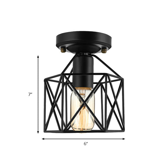 Vintage Style Iron Ceiling Fixture With Hexagon Cage Shade And 1 Bulb Perfect For Balcony In