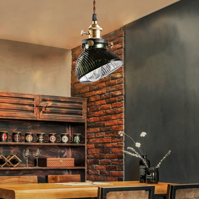 Rustic Industrial Green Ribbed Glass Hanging Pendant Light: Bowl Design 1-Light Drop Lamp