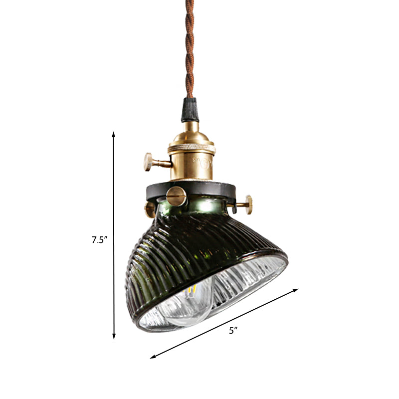 Rustic Industrial Green Ribbed Glass Hanging Pendant Light: Bowl Design 1-Light Drop Lamp