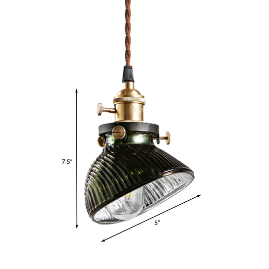 Rustic Industrial Green Ribbed Glass Hanging Pendant Light: Bowl Design 1-Light Drop Lamp