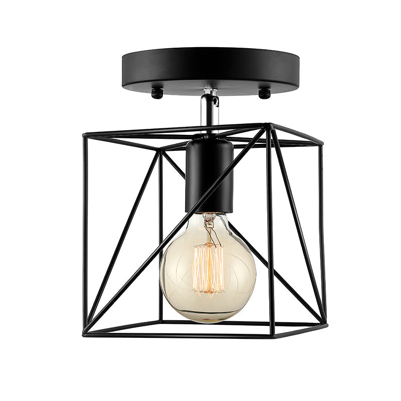 Industrial Style Ceiling Mounted Fixture - Wire Frame Semi Flush Light, Black