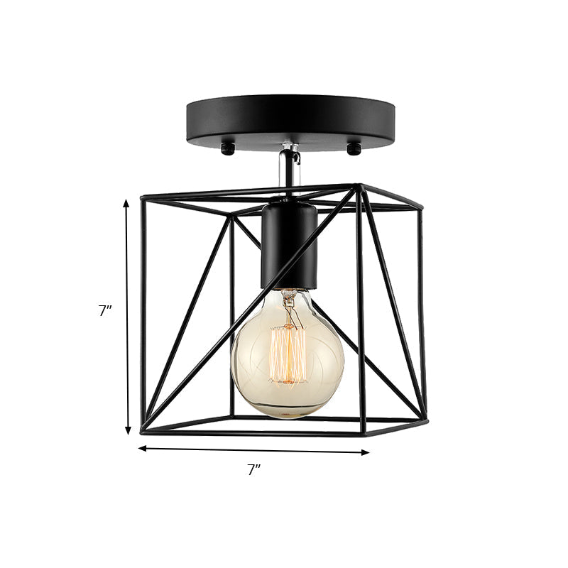 Industrial Style Ceiling Mounted Fixture - Wire Frame Semi Flush Light, Black