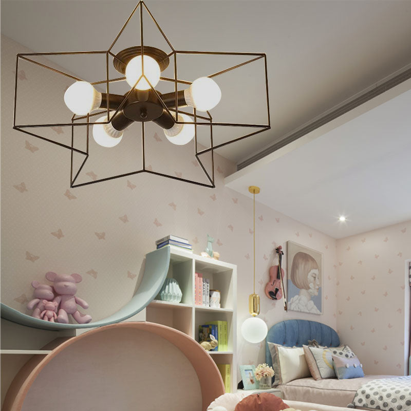 Stylish Star Cage Semi Flush Pendant Light With Metallic Shade - 5 Lights For Bedroom Ceiling