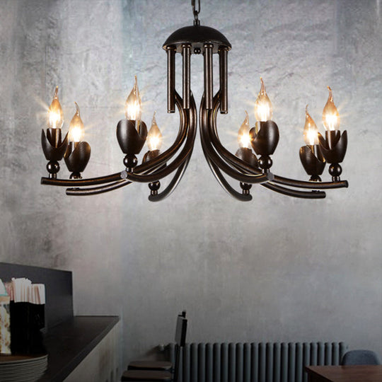 Retro Dark Rust Chandelier with 8 Candle Bulbs - Wrought Iron Pendant Lamp, Curved Arm