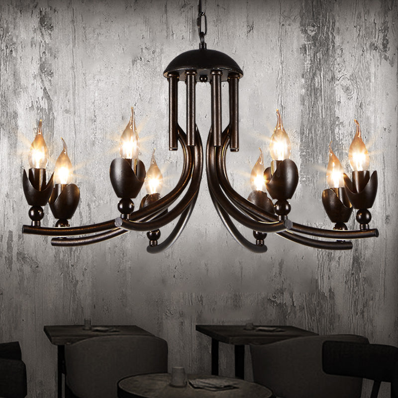 Rustic Iron Candle Chandelier With Curved Arm - 8-Bulb Pendant Lamp Retro Style