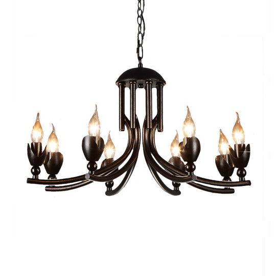 Retro Dark Rust Chandelier with 8 Candle Bulbs - Wrought Iron Pendant Lamp, Curved Arm